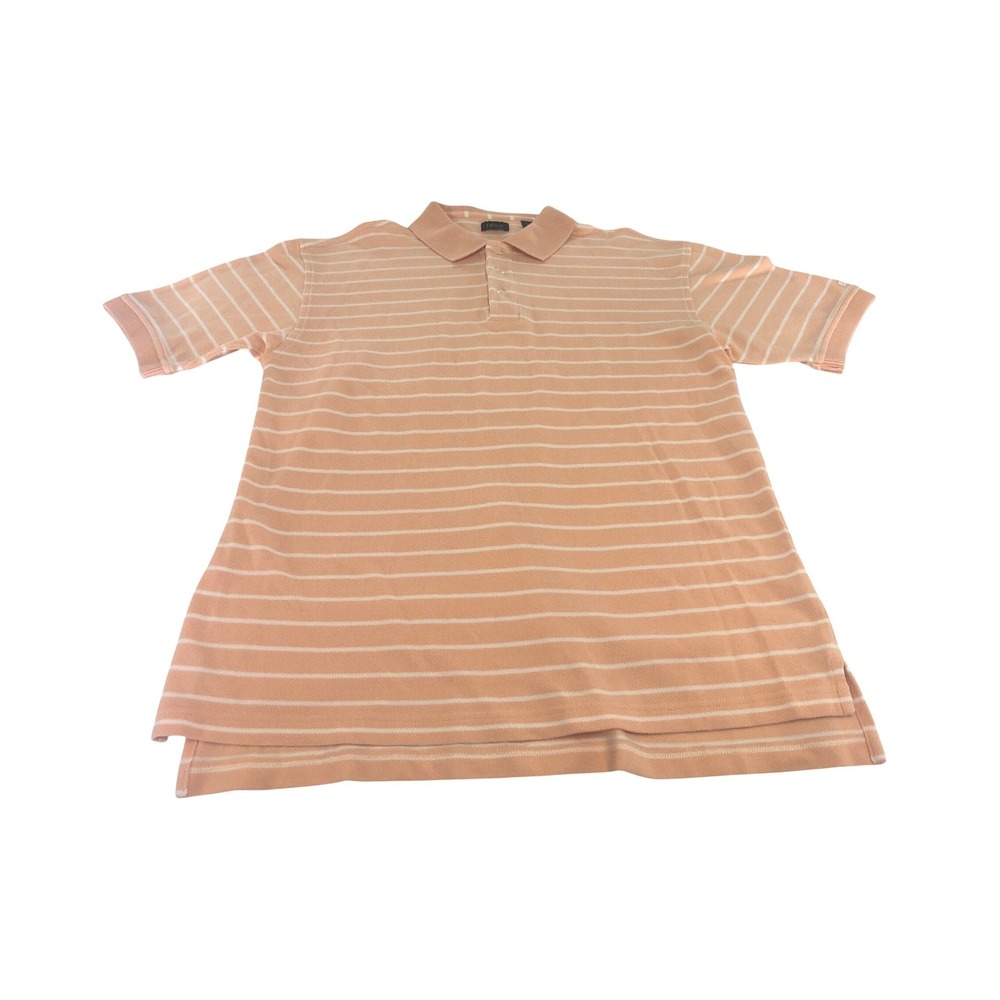 IZOD Mens Peach White Stripe Short Sleeve Polo Shirt‎ Size L Cotton Knit Golf